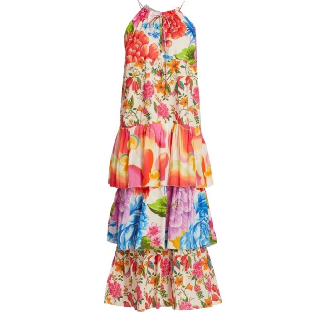farm rio white mixed prints tiered maxi dress